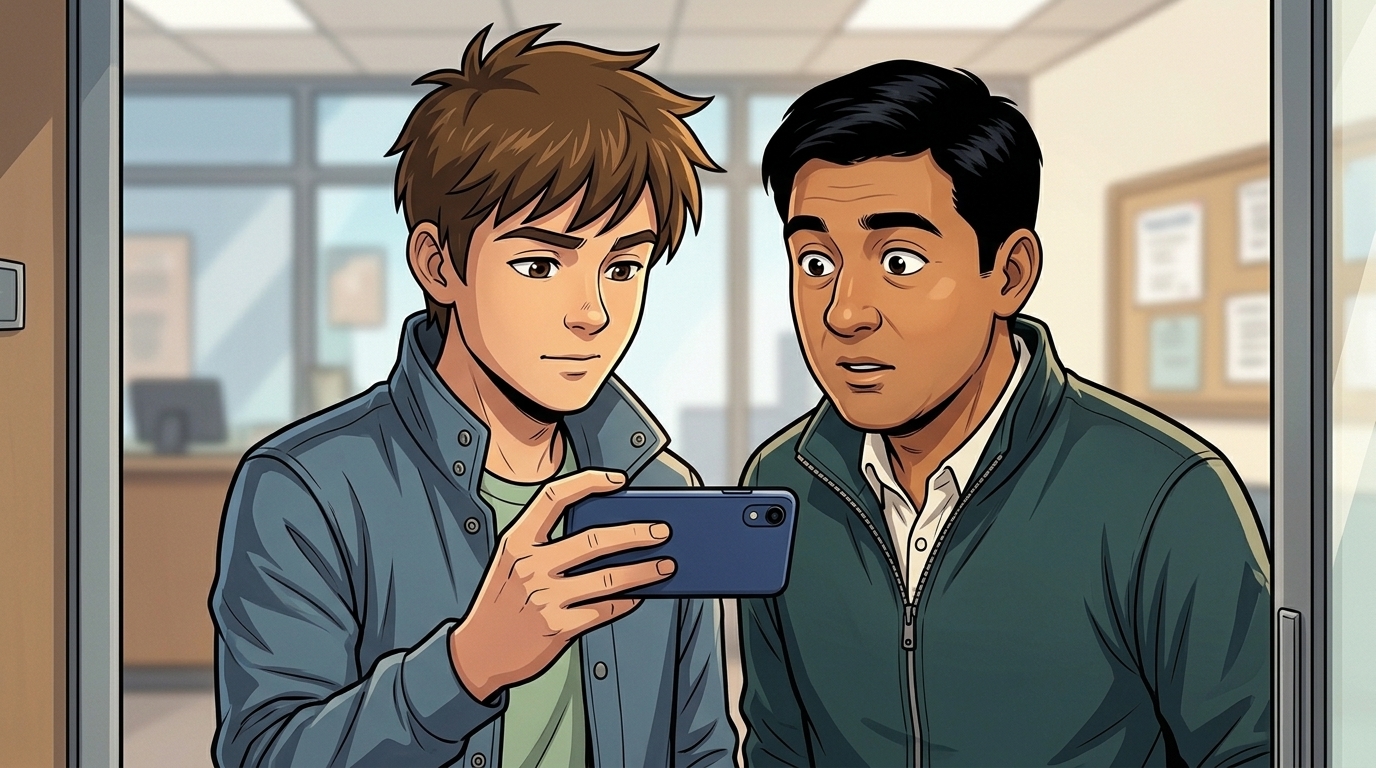 Kaz holds his phone while Tavi listens to Mina’s speaker-call answer.