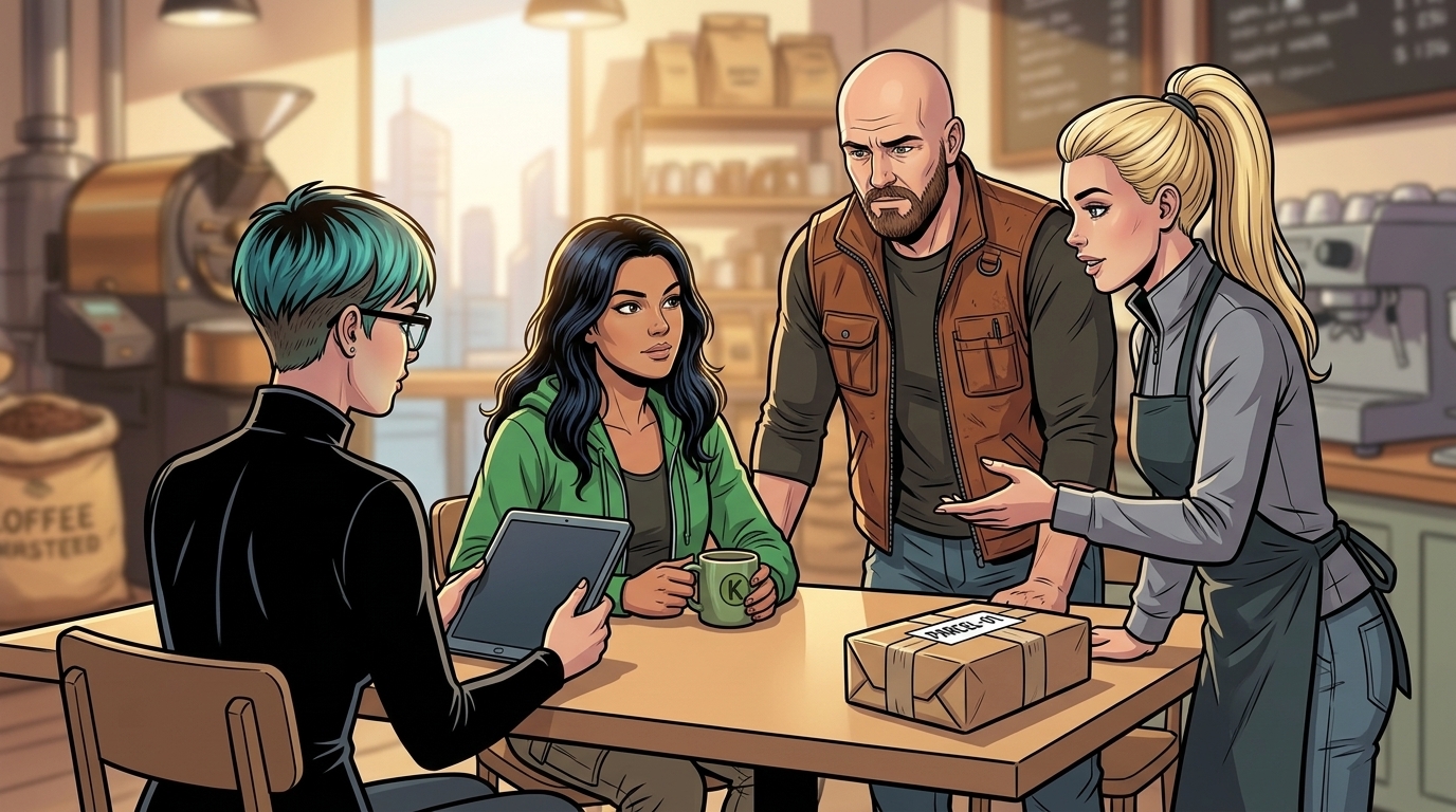 Ketty, Dexy, Mina and Ren compare their observations around the café table beside the parcel.