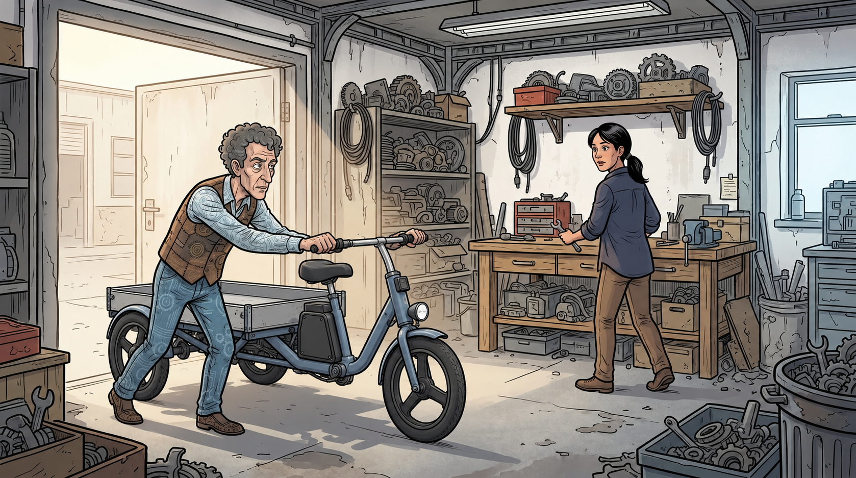 Barney wheels Ren’s cargo trike into Sella’s workshop as she turns to greet him.