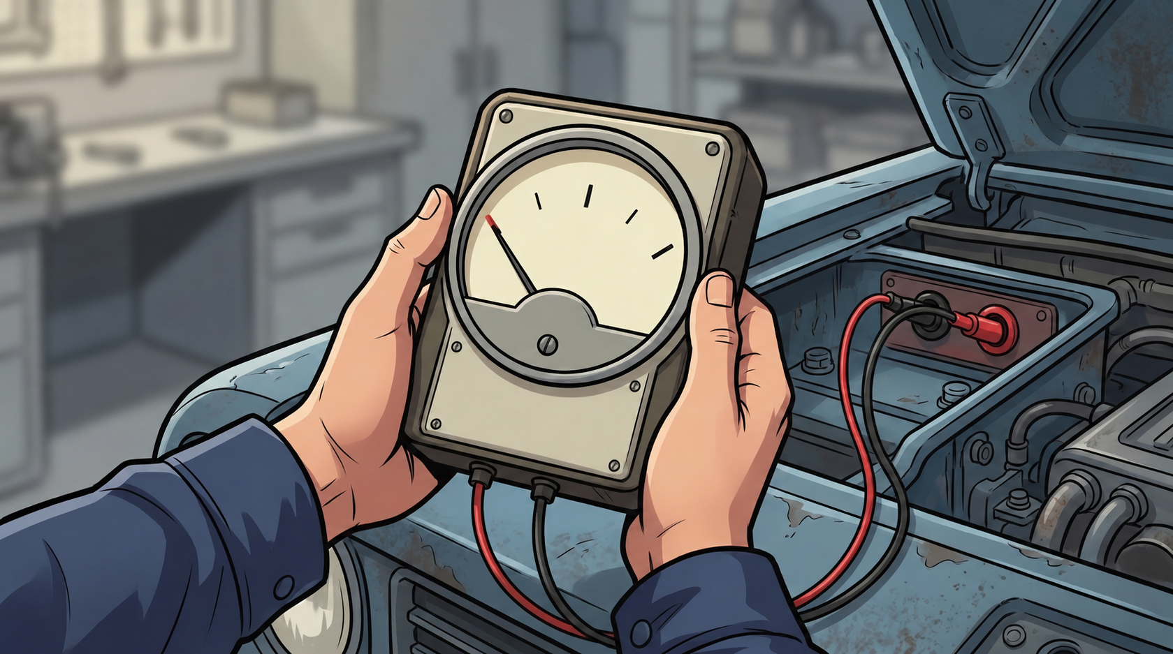 Sella’s analogue tester points toward LOW while connected to the trike’s battery; HIGH marks the other end of the dial.
