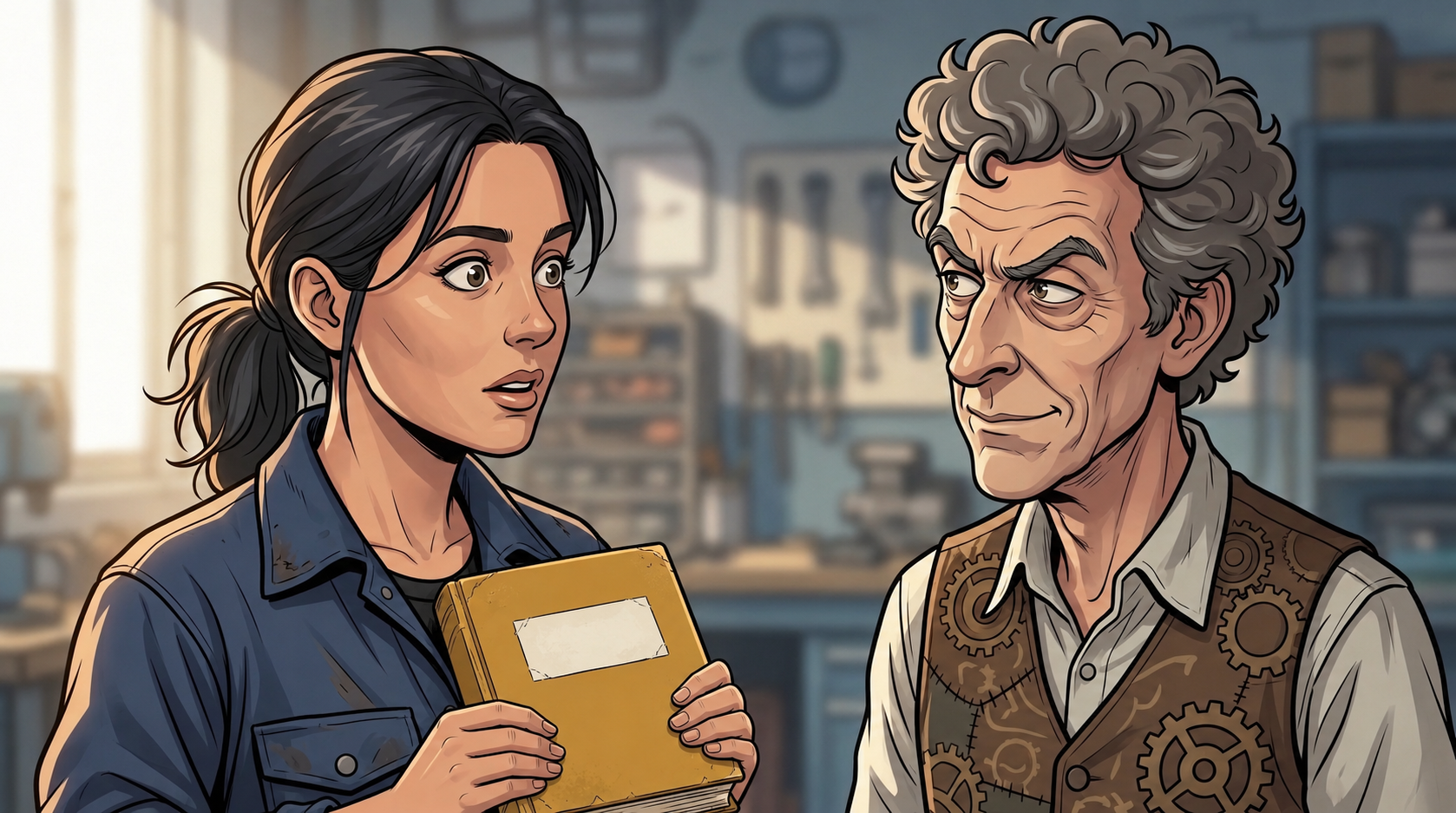 Sella holds her ochre maintenance book as she and Barney discuss her written record in the repair workshop. Its cover label identifies the owner.