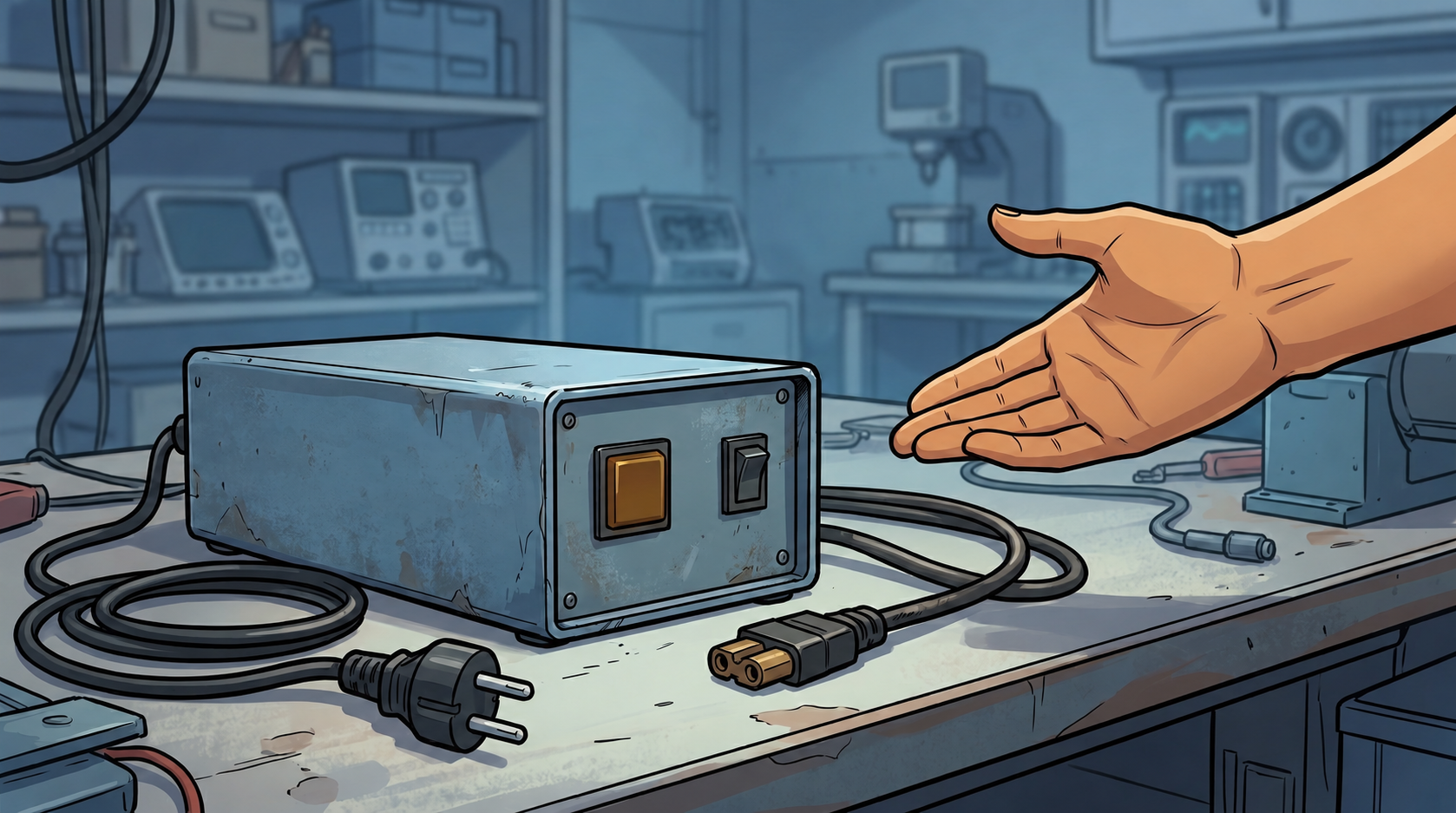 Sella gestures toward an idle local charger on the workbench; its power plug and charging connector are both disconnected.