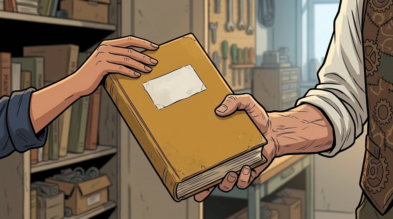 Sella hands her ochre maintenance book to Barney. Its front label identifies the owner.