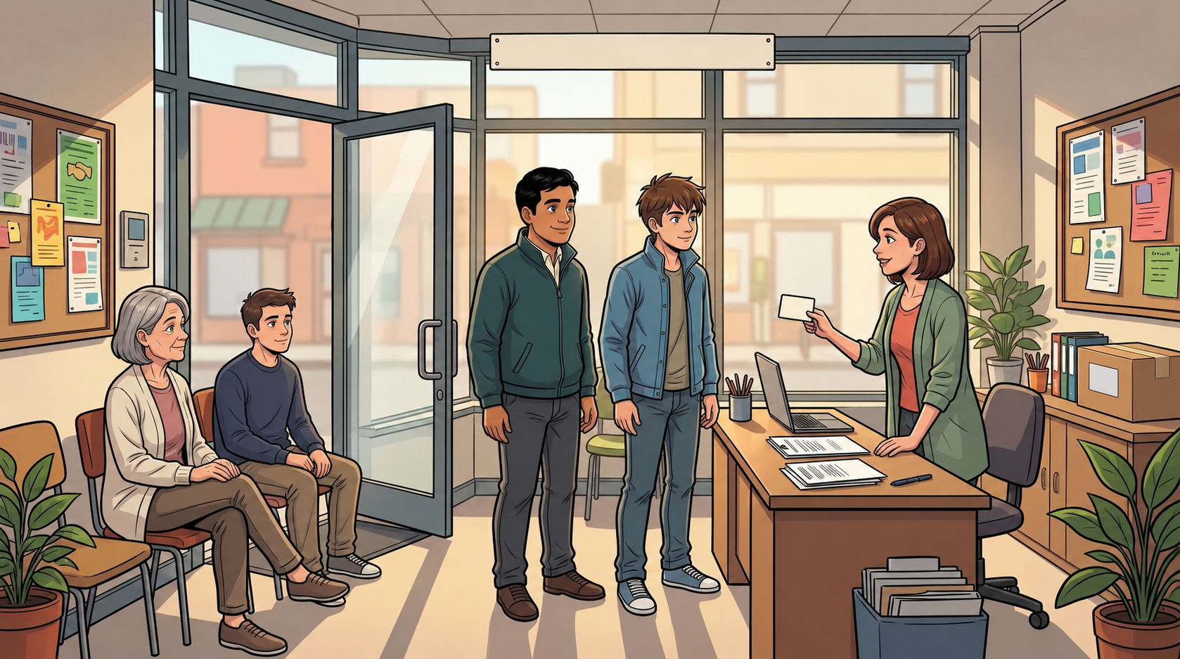 Nessa holds a small invitation at the neighbourhood help desk. Tavi and Kaz stand in front of her while Ada and another resident wait nearby.