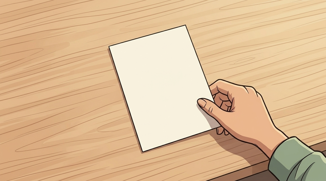 A hand steadies a cream invitation card announcing Mina’s coffee afternoon tomorrow at the café, with everyone welcome.