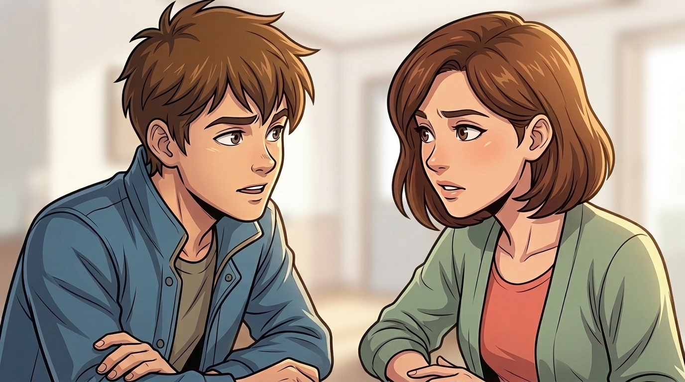 Nessa asks Kaz what to believe as they lean toward one another at the help desk.