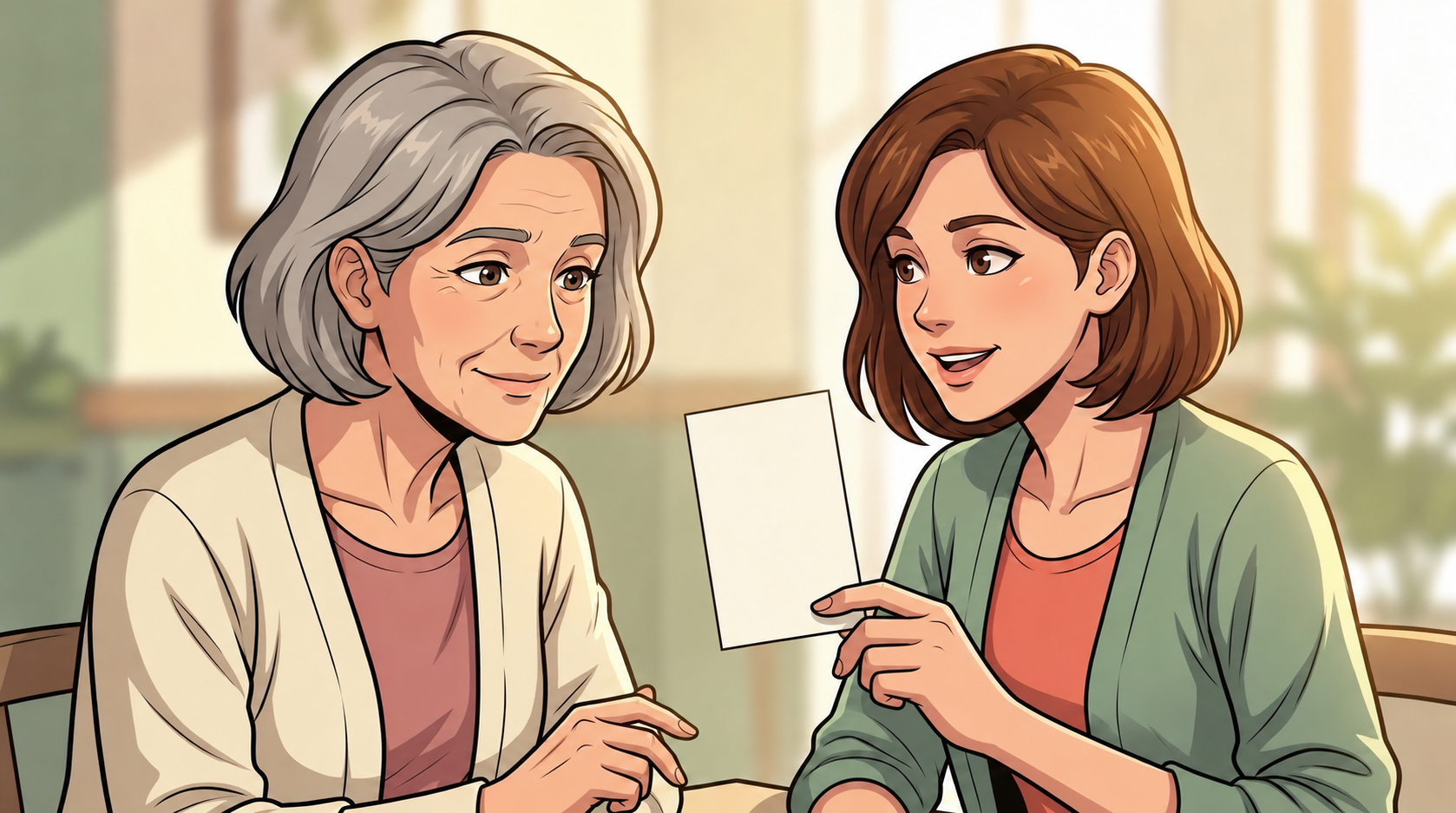 Ada smiles beside Nessa, who holds the coffee-afternoon invitation. Kaz answers from outside the view.