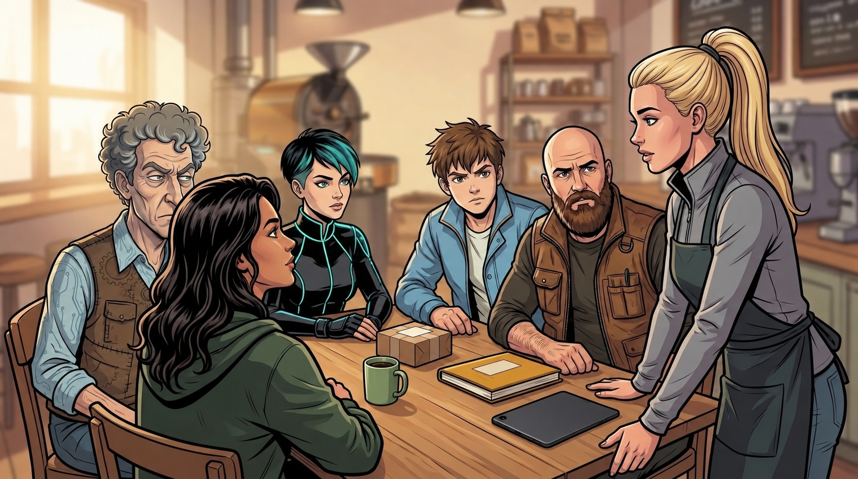 The six friends gather at Mina’s café table with the maintenance book and accepted filter parcel while Kaz reports that Ada will come tomorrow.