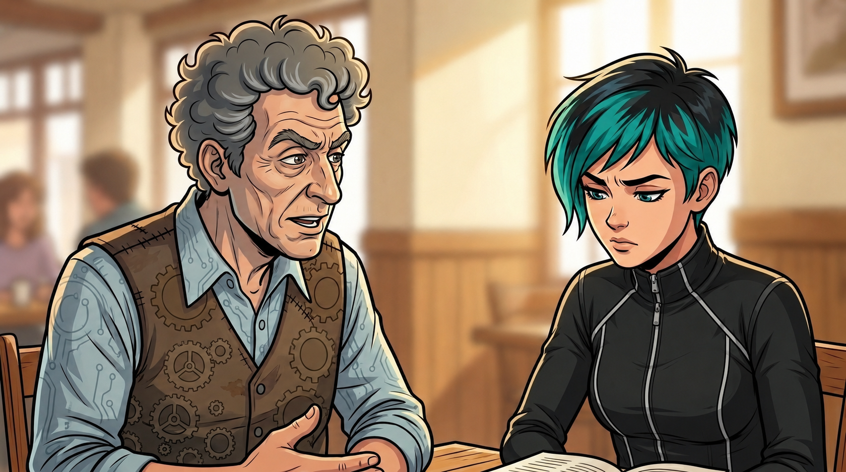 Barney reports Sella’s observation to Dexy beside the open maintenance book at the café table.