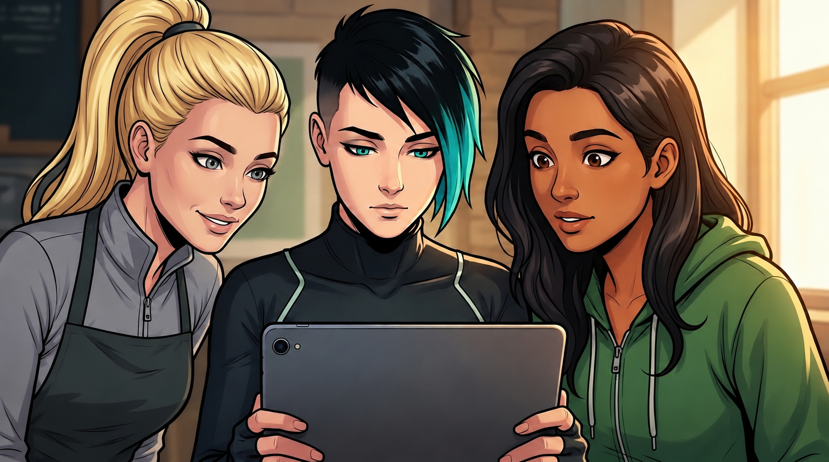 Ketty, Dexy and Mina inspect a tablet together. Its plain graphite rear faces the reader; its draft is not visible in this view.