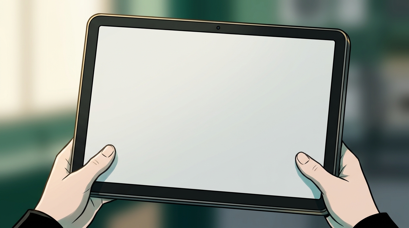 The tablet displays Mina’s café event-update draft, a local-copy status and the Post update action. No one speaks.