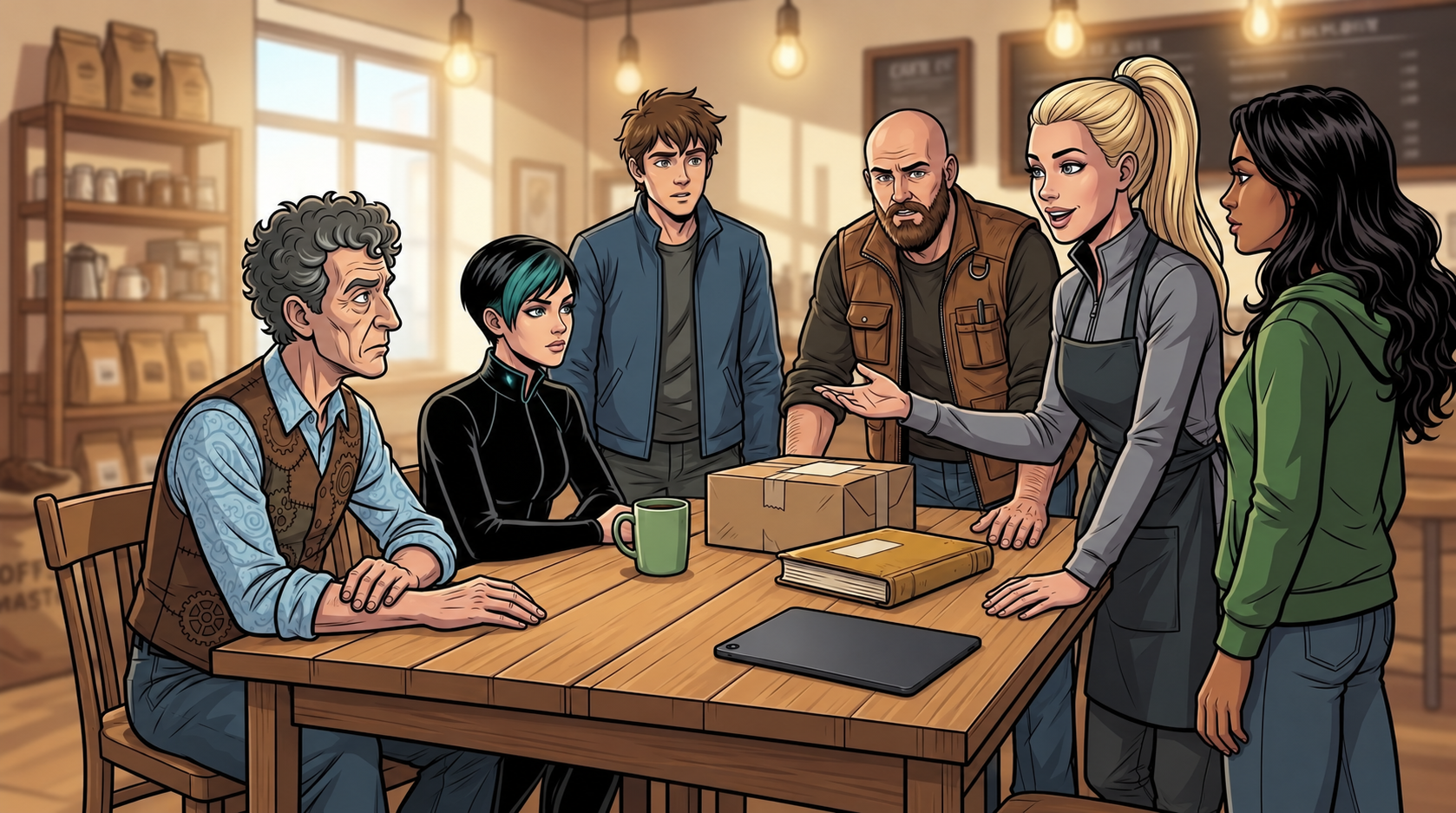 Mina, Ketty, Kaz, Dexy, Barney and Ren remain gathered around the café table with the closed maintenance book, filter parcel and face-down tablet.