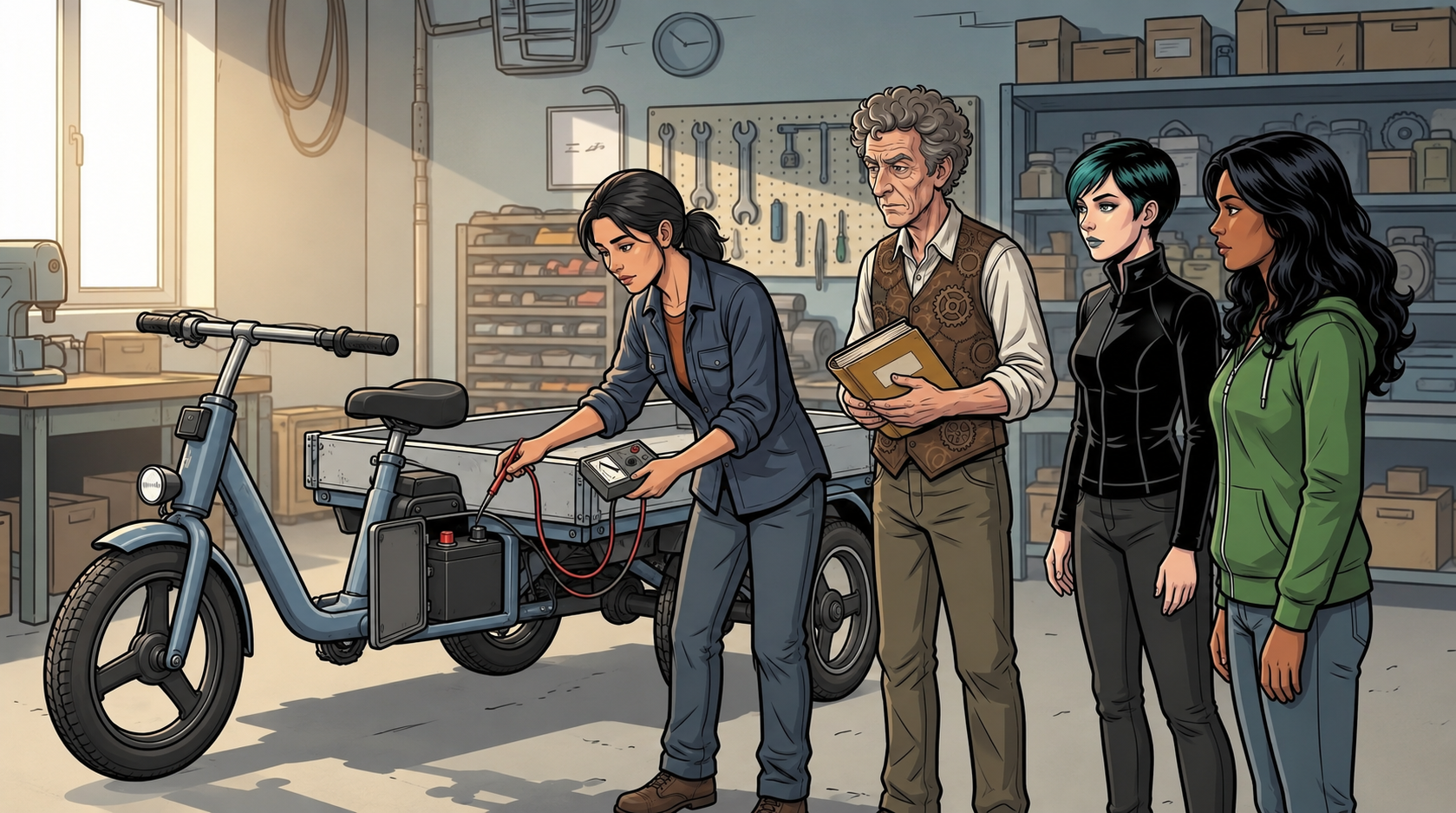 Sella tests the trike battery in her workshop while Barney holds her maintenance book. Dexy and Ketty watch nearby.