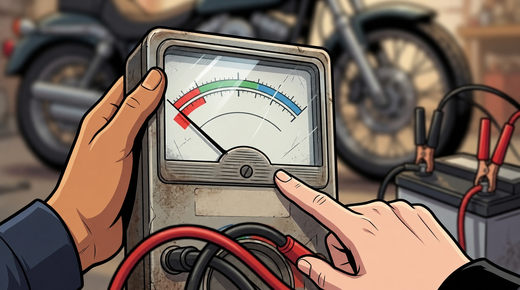 A close view of the connected analogue battery tester shows its needle near the low end of the dial.