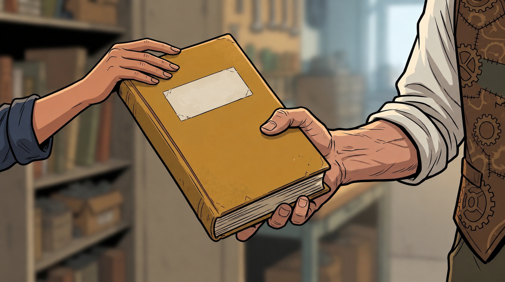 Barney returns the maintenance book to Sella, its front cover and cream label facing the reader.