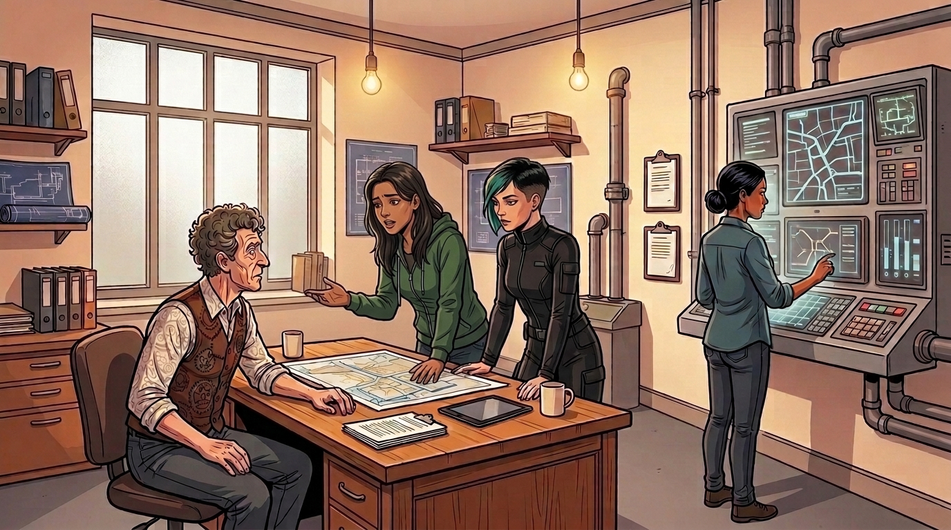 At the North District Water Office, Leena works at the wall console while Barney, Ketty and Dexy gather at the desk.