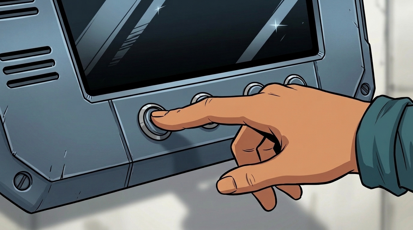 Leena presses a physical controller key. Its glass confirms approval and a requested supply restore.