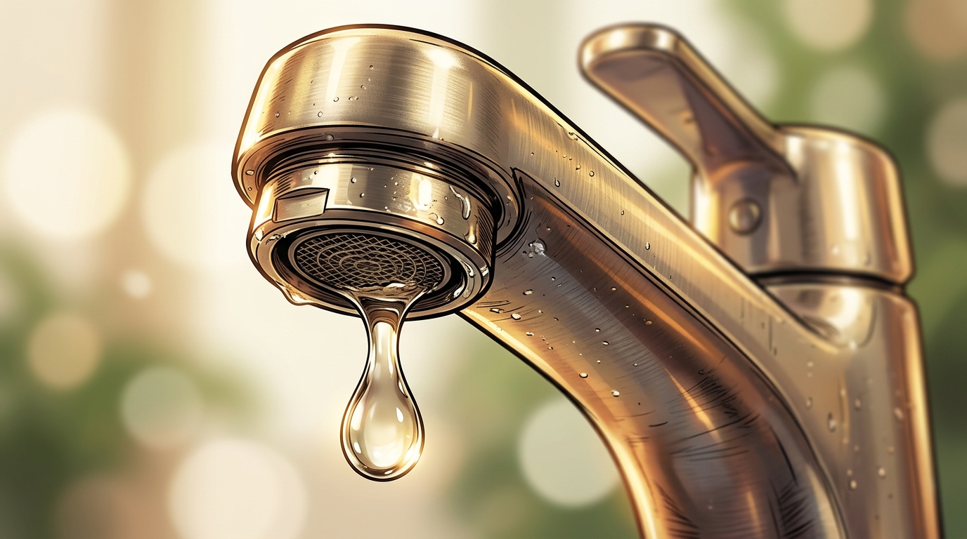 A single large drop hangs from the café tap; a continuous stream has stopped.