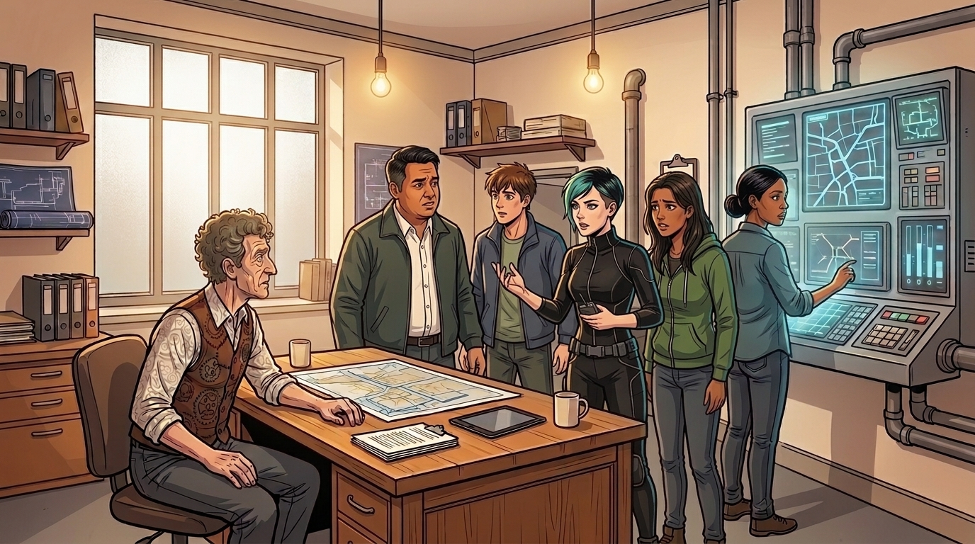 Kaz and Tavi join Barney, Dexy, Ketty and Leena at the water office to report what happened at the café.