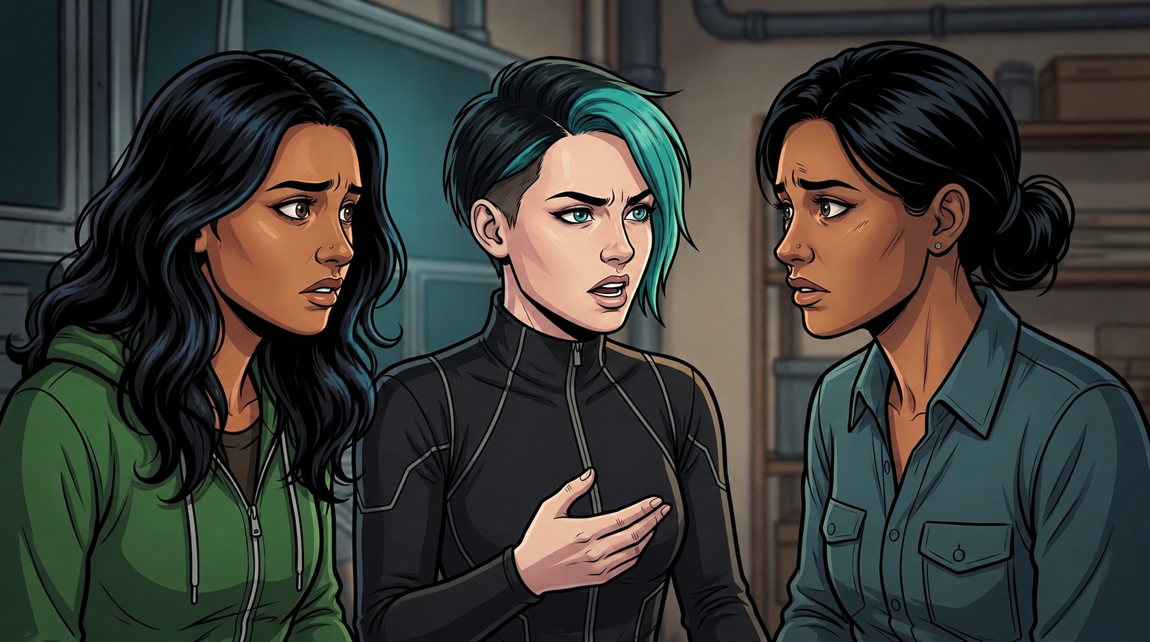 Dexy explains the adaptive AI to Leena while Ketty listens beside them.