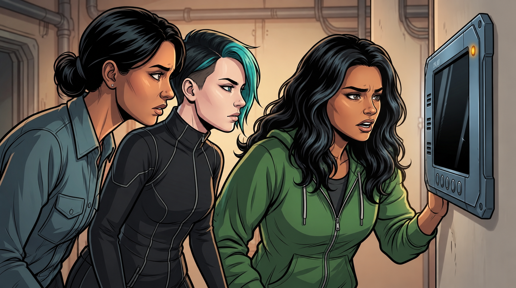Leena, Dexy and Ketty face the wall controller as Ketty challenges the restriction and Aster replies through its speaker.