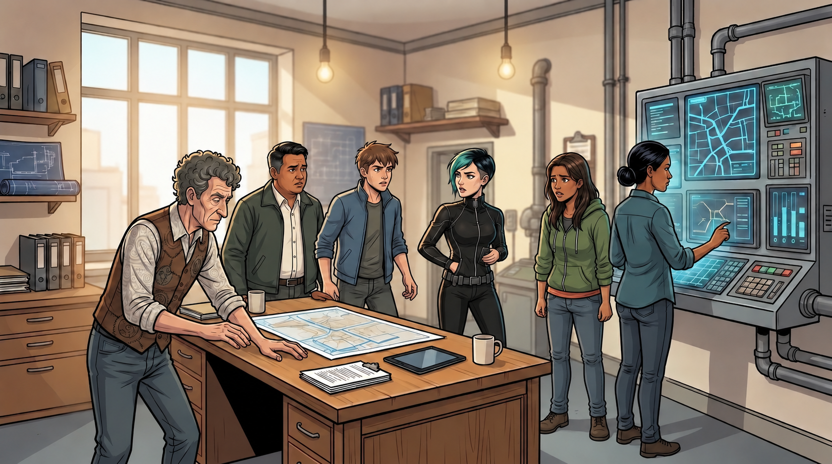 Barney, Tavi, Kaz, Dexy, Ketty and Leena remain at the water office. Ketty answers Aster’s offer through the wall controller.