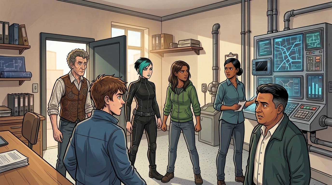 Leena reports pressure checks at the district water office. Barney, Kaz, Dexy, Ketty and Tavi gather around the wall console.