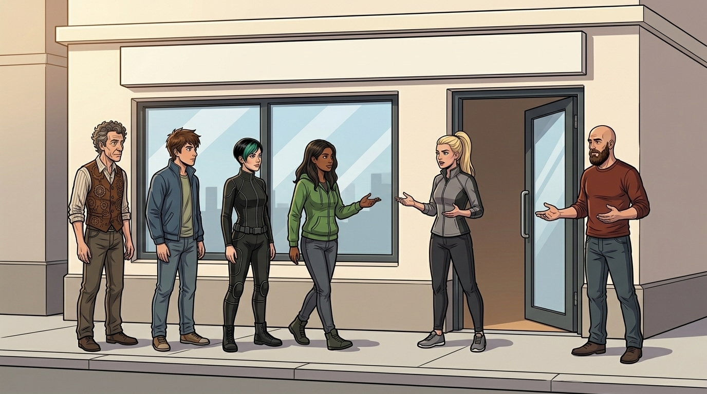 Barney, Kaz, Dexy, Ketty, Mina and Ren gather outside Mina's Café as Mina explains the limited reserve water supply.