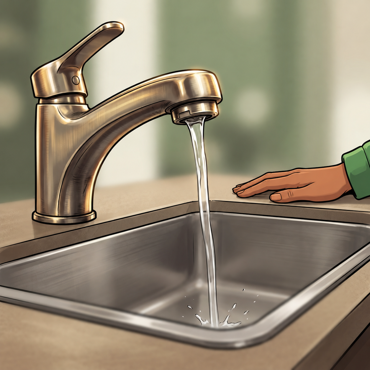Ketty’s brown hand and green sleeve are beside the running tap.