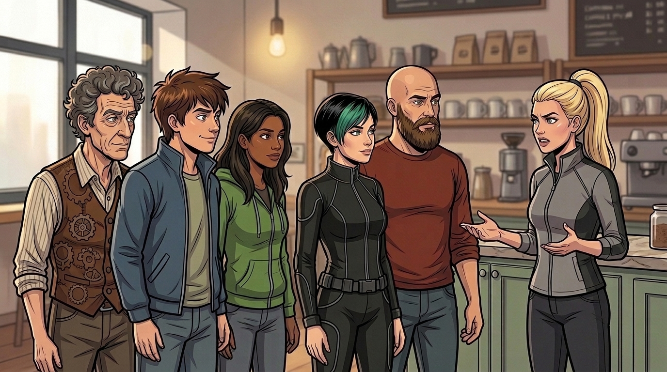 Back in the café, Mina tells the assembled group that Tavi has heard warnings about them from the centre. Kaz replies.
