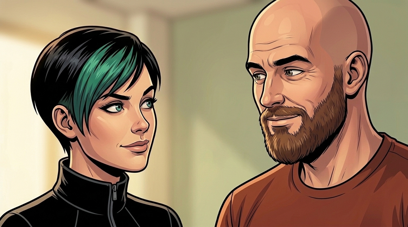 Dexy and Ren exchange a teasing look and flirt about fault codes and multitasking.