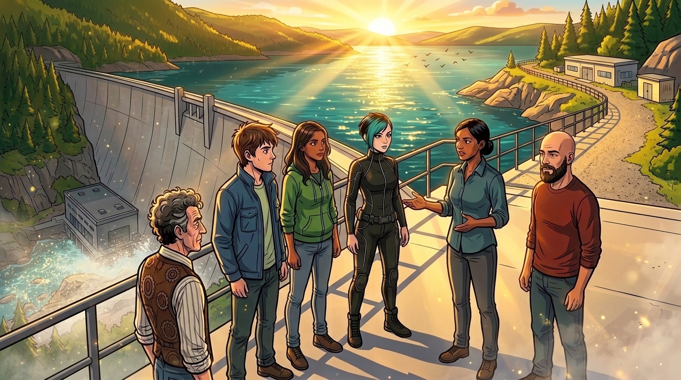 Barney, Kaz, Ketty, Dexy, Leena and Ren gather on the dam walkway above a broad reservoir in the afternoon light.