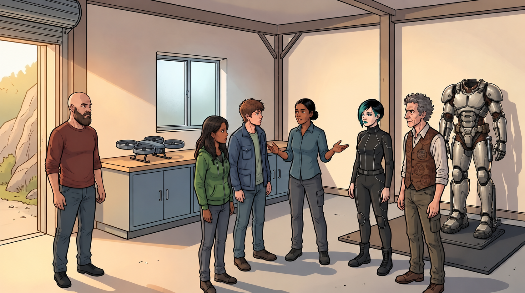Leena introduces the service-bay load frame to Ketty, Kaz, Dexy and Barney while Ren waits by the open doorway. An inspection drone rests on the workbench.