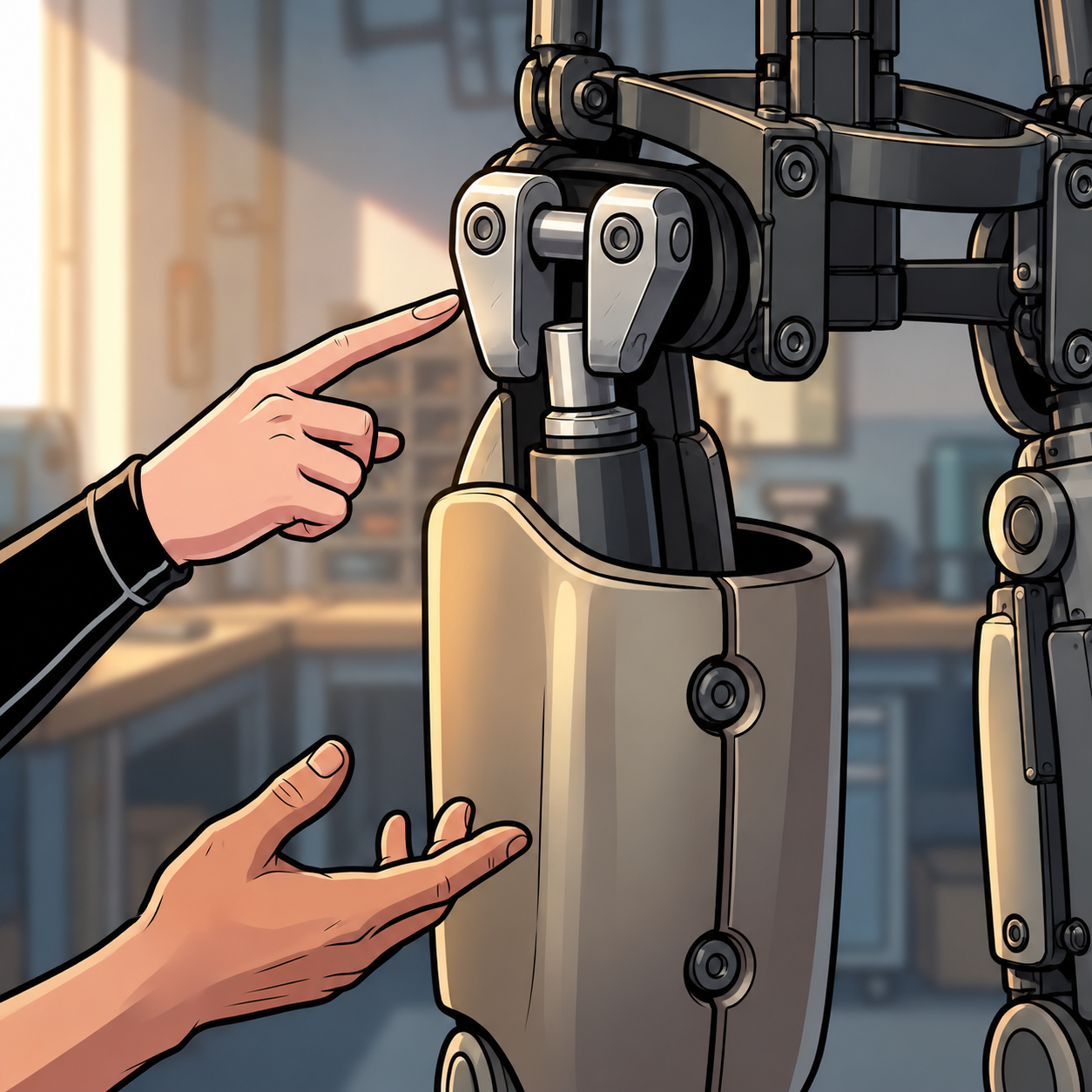 Hands indicate the exposed joint mount and a separate protective cover on the load frame.