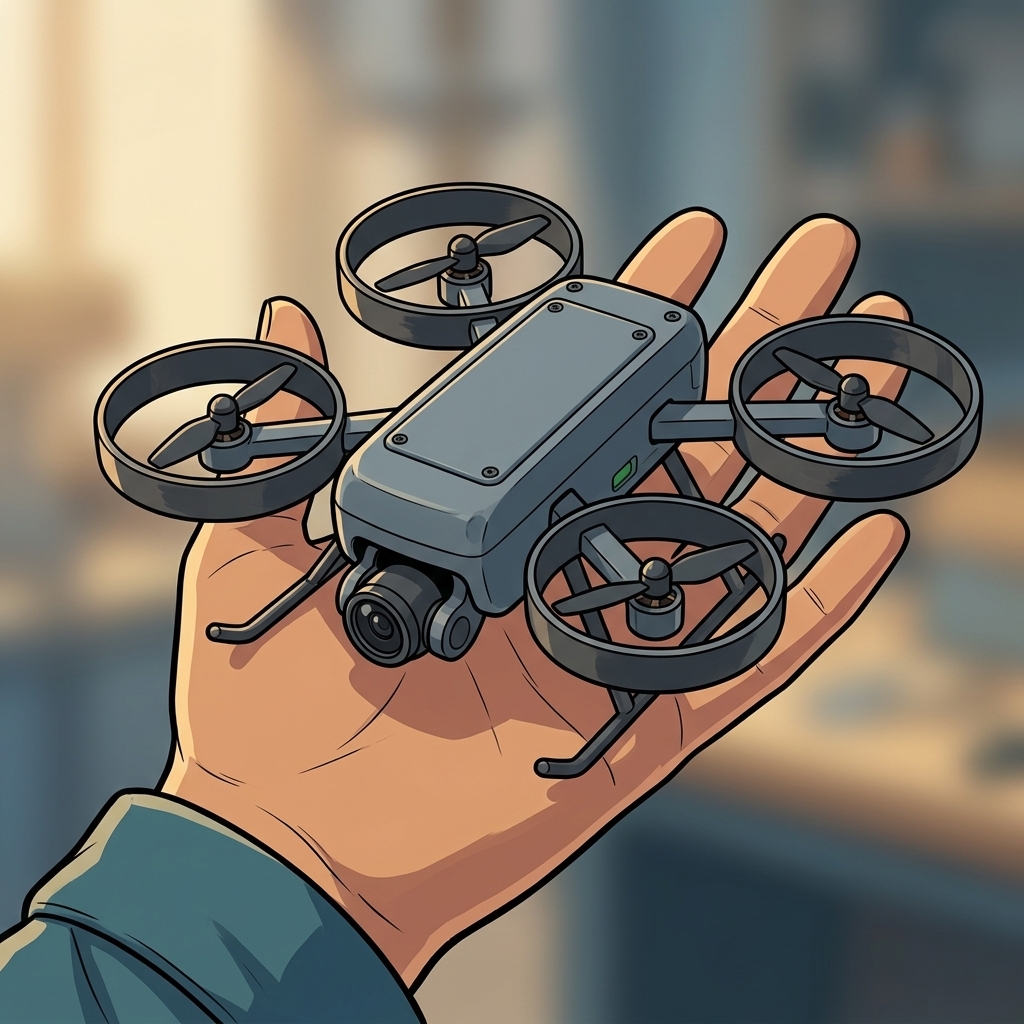 Leena holds a small four-rotor inspection drone on her open palm, showing its camera and protective rotor guards.