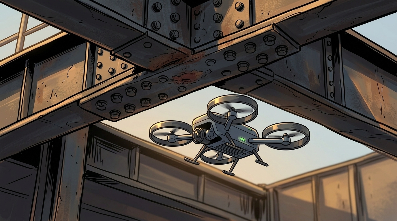 The small camera drone hovers beneath the walkway's riveted steel beams to inspect the inaccessible joints.