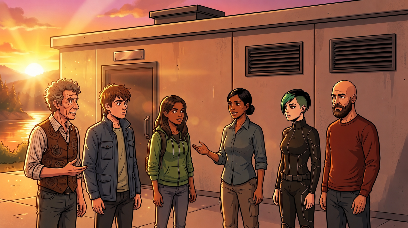Barney, Kaz, Ketty, Leena, Dexy and Ren stand outside the Hill Annex at sunset. A small plate sits above its closed door.