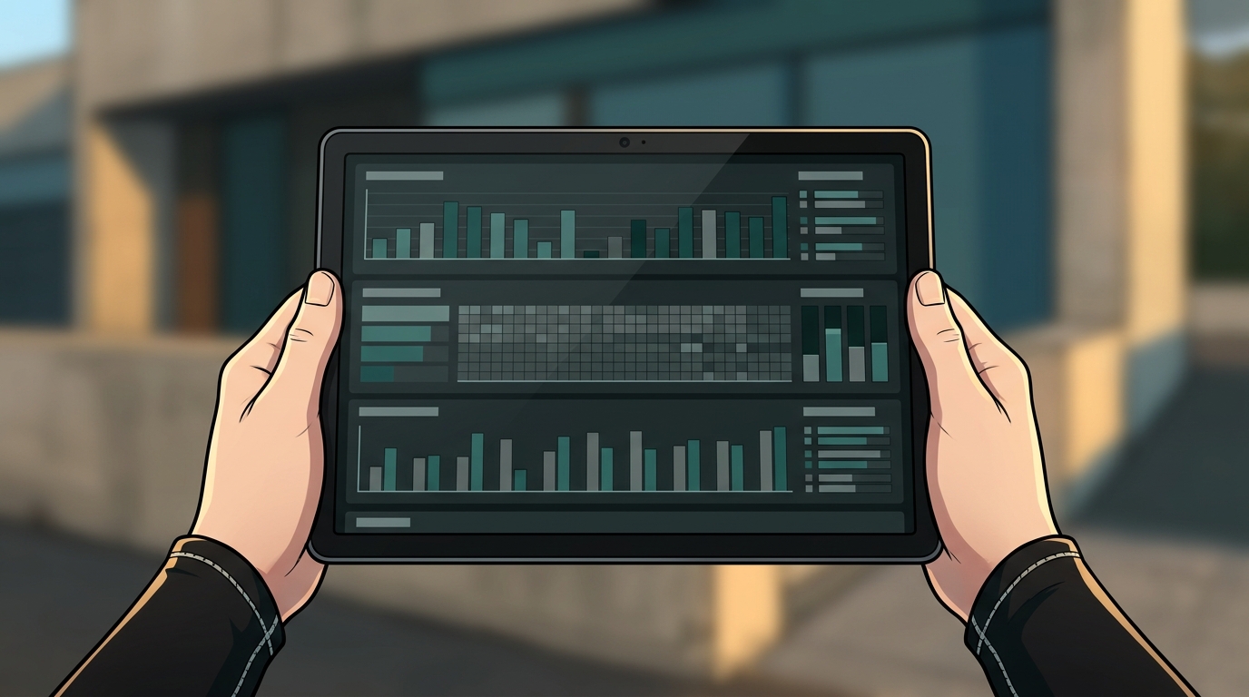 Dexy holds a tablet displaying local plant meter records for the Hill Annex, with active power draw and cooling demand.