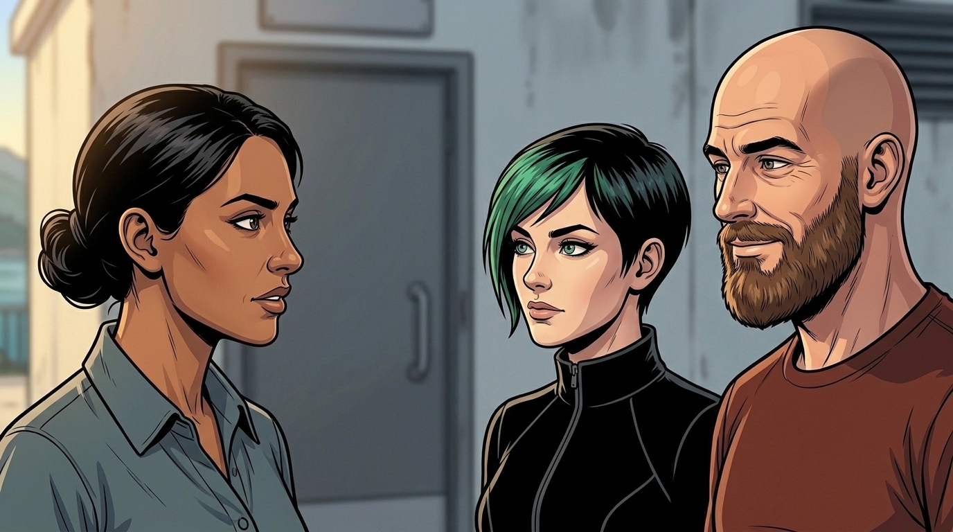 Leena explains the water plant's operating boundary to Dexy while Ren listens beside them outside the annex.