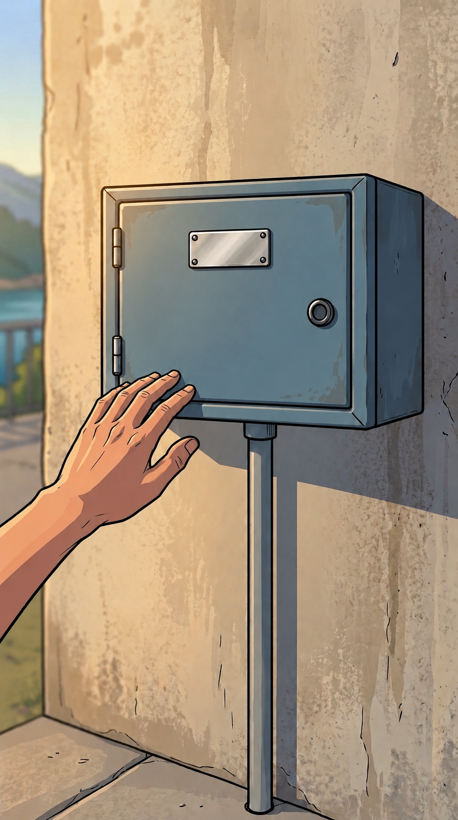 A hand rests against the closed west connection cabinet. Its identification plate is blank and its conduit remains intact; Arlo speaks through the satellite handset outside the view.