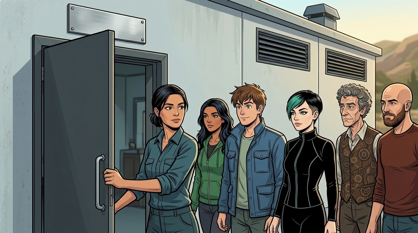 Leena opens the marked Hill Annex service entrance for Ketty, Kaz, Dexy, Barney and Ren.
