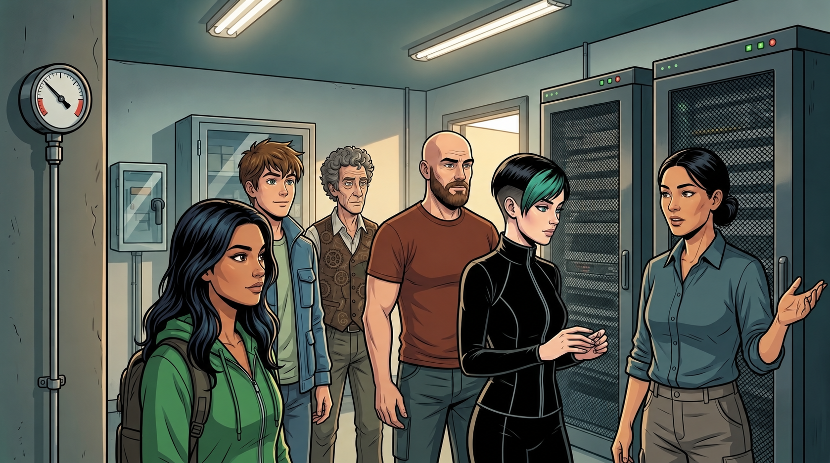 The six visitors inspect the Hill Annex machinery. Dexy distinguishes the resource node from the unknown location of the whole system.