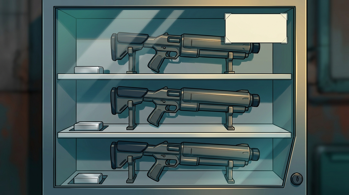 Three unissued defence prototypes and their operating modules sit in a glass cabinet beside an inventory card.