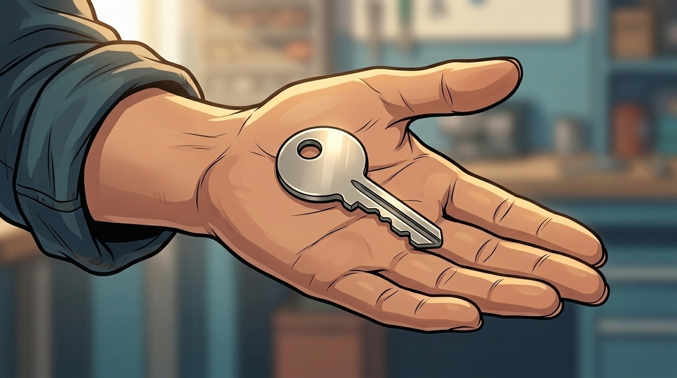 Leena holds a physical plant-issued key in her open palm.