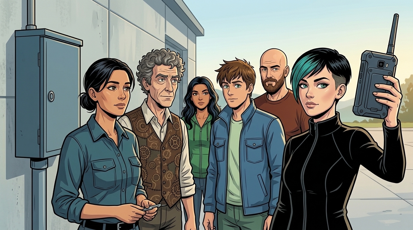The group listens to Arlo through a satellite handset as Leena holds the plant key.