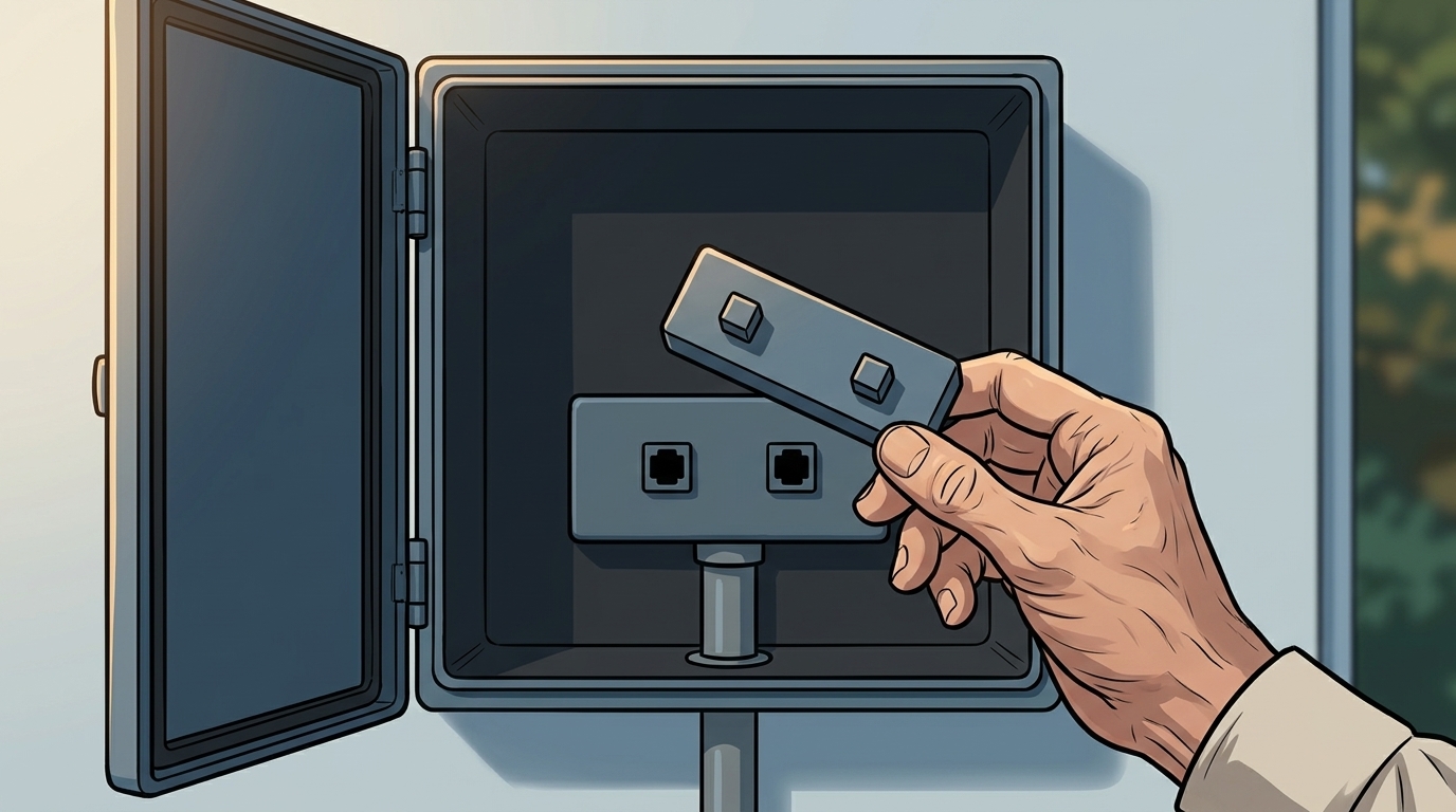 Barney holds the detached optical bridge in front of the two disconnected sockets.