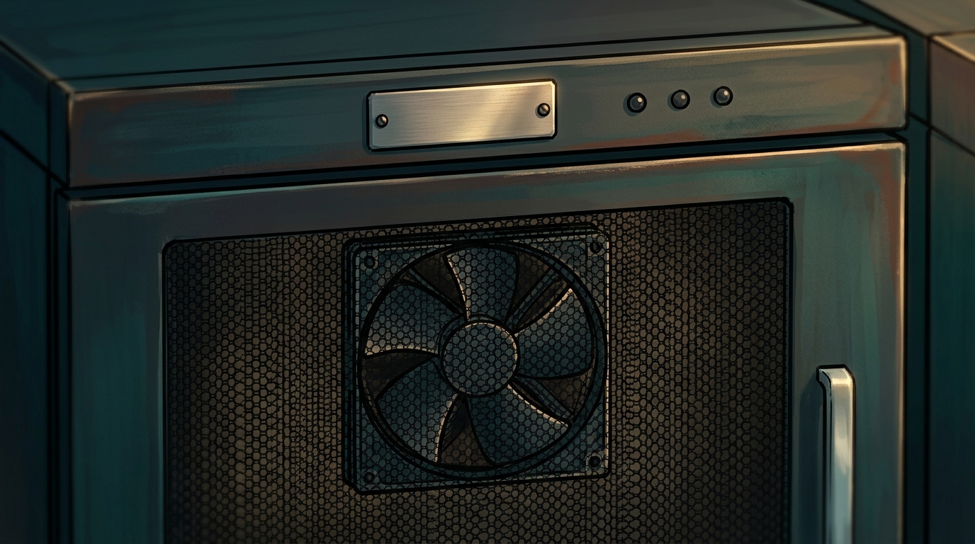The server rack’s fan blades have stopped and all three lights are dark beneath the SERVER-01 asset plate.