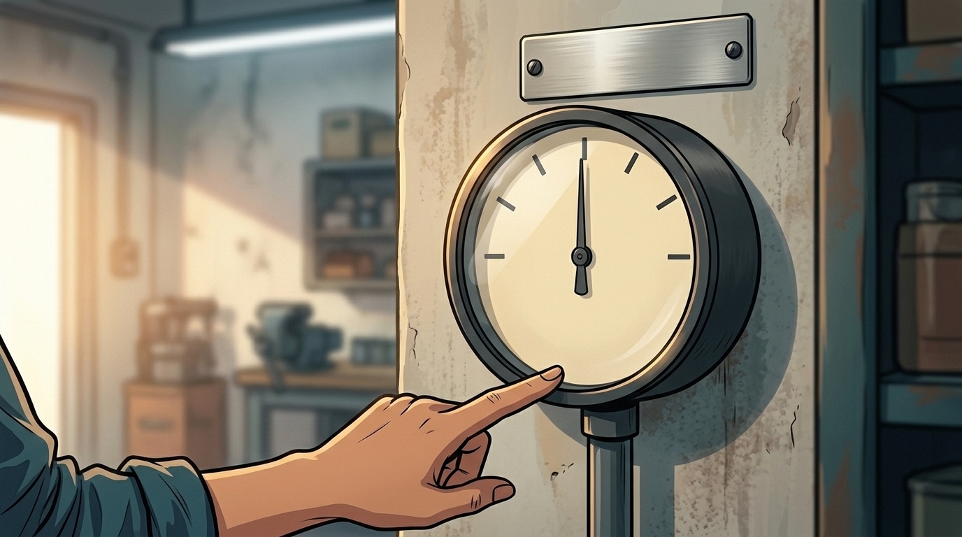 Leena points at the town-branch pressure gauge. Its needle has risen toward the middle of the dial beneath a metal identification plate.