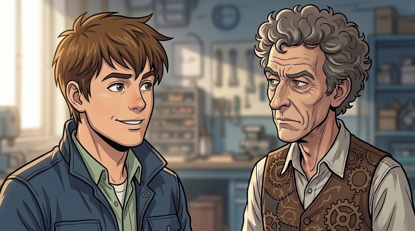 Kaz smiles with relief while Barney gives him a skeptical sideways look inside the annex.