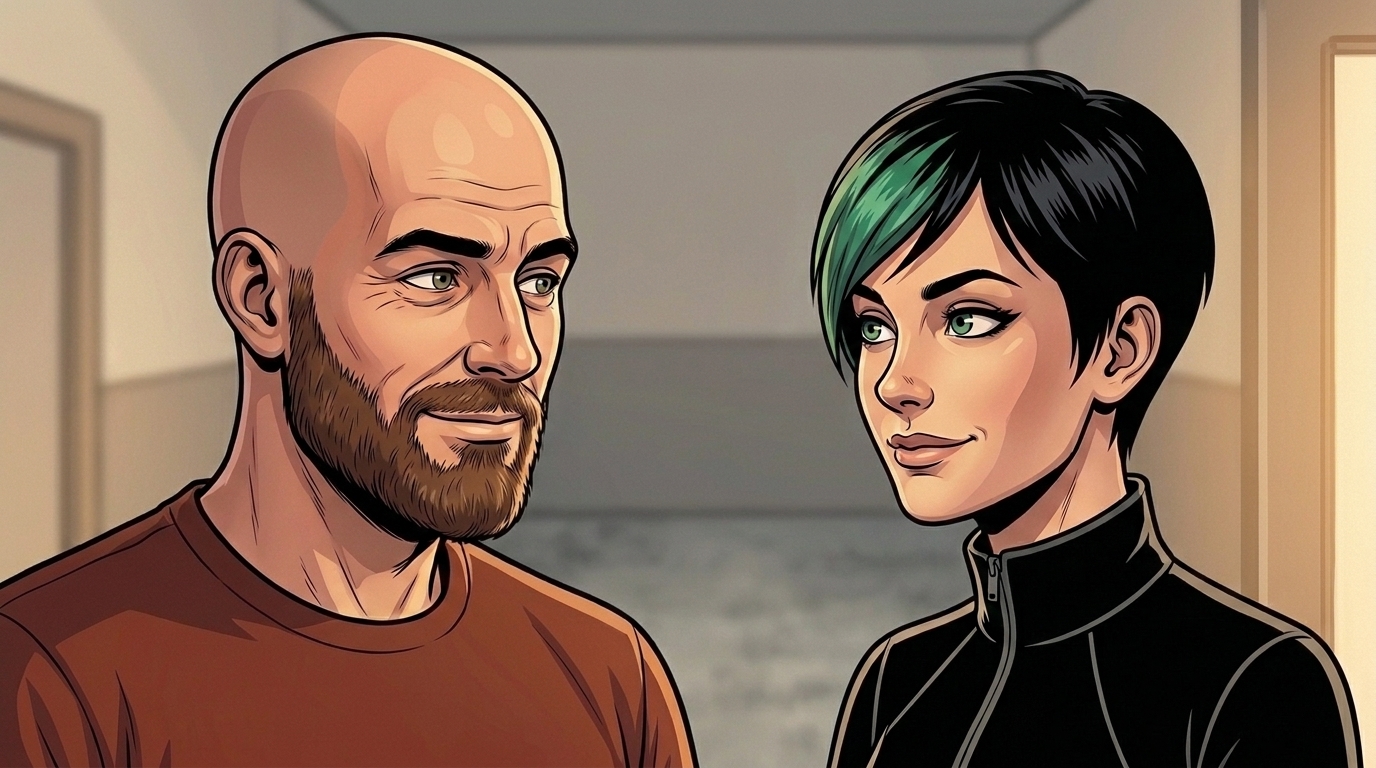 Ren and Dexy exchange restrained smiles inside the annex, with their faces and expressions clearly visible.